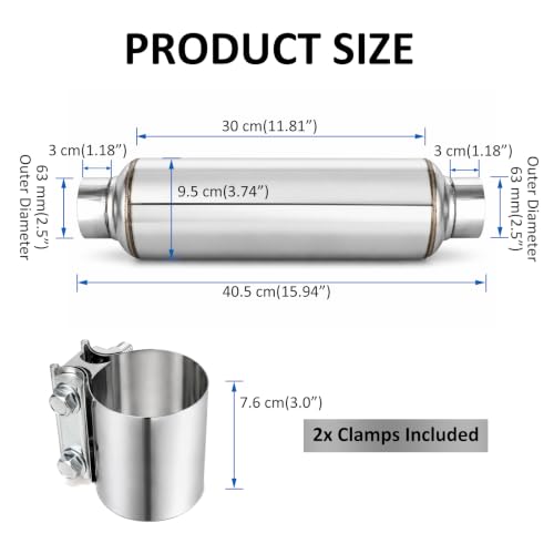 Catekro 2.5" Exhaust Resonator Muffler with 2 Clamps 2.5" Inlet/Outlet - color: 1×Resonator Muffler, 2×Clamps
