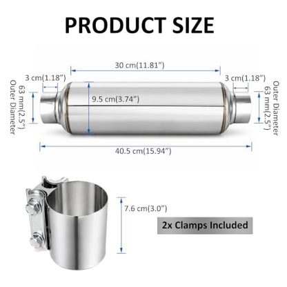 Catekro 2.5" Exhaust Resonator Muffler with 2 Clamps 2.5" Inlet/Outlet - color: 1×Resonator Muffler, 2×Clamps