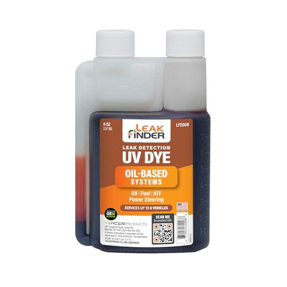 LF2008 Automotive Oil-Based Fluid Leak Detection Dye for Oil, Fuel, ATF, and Power Steering Systems, 8oz Ultraviolet Fluorescent Dye, Twin-Neck Bottle, Services up to 8 Vehicles - size: 8oz, style: Bottle