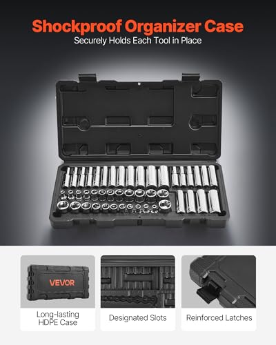 VEVOR Socket Set, 46 Pieces, 1/4 inch Drive Socket Tool Set, SAE and Metric Size, Deep and Standard, Mechanic Tool Kit with Storage Case, Chrome Plated CR-V Alloy Steel, for Automotive Repair - size: 46-PCS