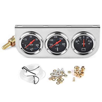 2" 52mm Chrome Panel 3in1 Car Meter Oil Pressure Fahrenheit Water Temp Ammeter Triple Gauge Kit Set Black Face