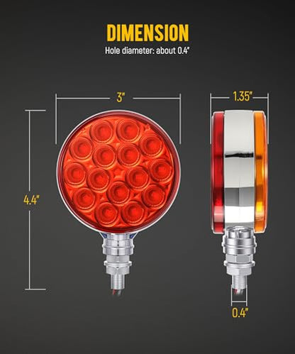 Partsam 2pc 3" Round Double Face Red/Amber 30 LED Pedestal Fender Lights Turn Signal Chrome Miro-reflex Sealed Replacement for Peterbilt/Freightliner/Western Star Trucks Semi Trailers, 10-30V