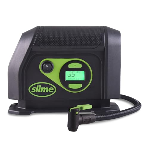 Slime 40088 Tire Inflator, Portable Car Air Compressor, Inflate Right automatic shut off, with Digital 99 psi Display, Long Hose and LED Light, 12V, 6 min inflation - style: Digital Tire Inflator