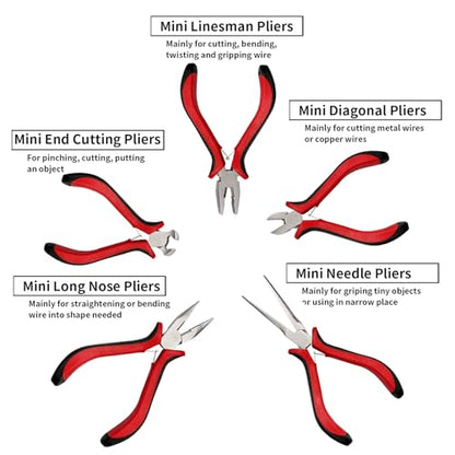 5 pcs mini pliers set, small pliers set includes pointed nose, long nose, oblique nose, flat nose and wire cutters with storage bag, suitable for electronic repair and jewelry, DIY tools