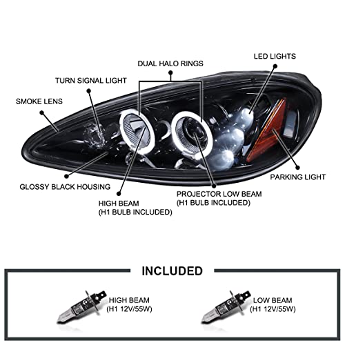 SPEC-D TUNING Glossy Black Smoke Dual LED Halo Projector Headlights - color: Glossy Black Housing Smoke Lens