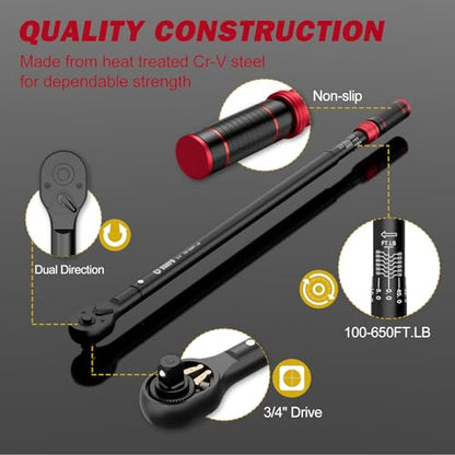 VANPO 3/4-Inch Drive Click Torque Wrench, 100-650Ft-Lb for Heavy Duty - size: 3/4-Inch (100-650 Ft-Lb / 135.5-880.8 Nm)