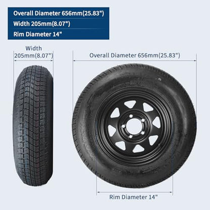 Heavy Duty 2-Pack ST205/75D14 Trailer Tires and Wheels – 14" Black Rims, 5 Lug 4.5" Bolt Design, 6PR Load Range C, Easy Assembly for Utility/Boat/Camper/Cargo Trailers - size: ST205/75D14