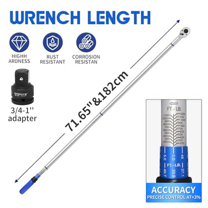 1-Inch Drive Click Torque Wrench, Dual-Direction Click Professional Torque Wrench 200-1200FT.LB/271-1356.7N.M, Dual Range Scales Graduated in FT.LB and N.M - size: 1" 200-1200 FT.LB