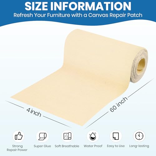 Canvas Patch 4 "x 60 ", Self-Adhesive Waterproof Canvas Patch Set for Repairing Tents, Couch, Boat Covers, Camping Chairs, Awnings, Car Seats.(Beige Yellow) - color: Beige Yellow, size: 4"×60"