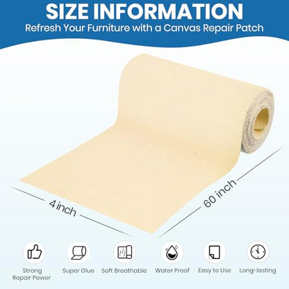 Canvas Patch 4 "x 60 ", Self-Adhesive Waterproof Canvas Patch Set for Repairing Tents, Couch, Boat Covers, Camping Chairs, Awnings, Car Seats.(Beige Yellow) - color: Beige Yellow, size: 4"×60"