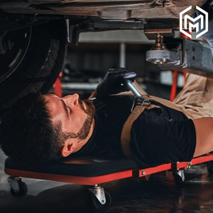 M-AUTO Heavy-Duty Automotive Creeper with 3-leves Adjustable Headrest, 42.5" Padded Metal Frame Creeper with Tools Tray for Garage Shop, 6 Noiseless Casters 300LBS Capacity, Red