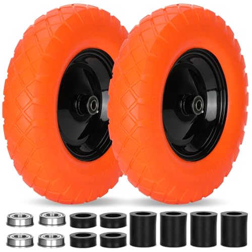 Upgraded 4.80/4.00-8 Flat Free Wheelbarrow Wheels with 5/8" & 3/4" Bearing - color: orange