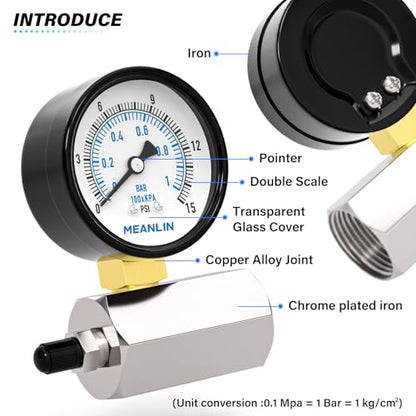 MEANLIN MEASURE 0-15Psi 2" Steel Double Graduated Air Test Pressure gauges, 3/4" FNPT Connection, -3-2-3% Accuracy - size: 0-15Psi, style: Chrome Body