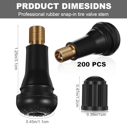 200 Pcs TR413 Valve Stems, Black Rubber Snap-in Tubeless Tire Valve Stems Replacement for 0.453 Inch Rim Holes, Universal for Cars, Trucks, SUVs and Trailers