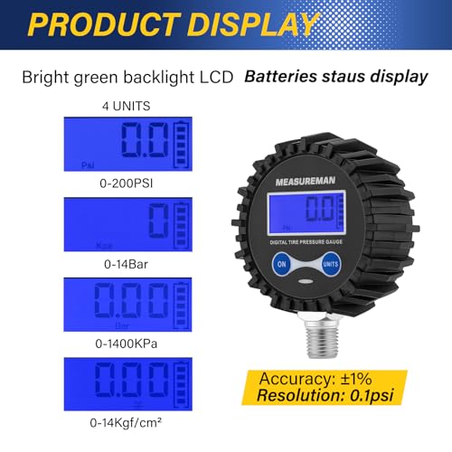 MEASUREMAN 2-1/2" Dial Size Digital Air Pressure Gauge with 1/4'' NPT Bottom Connector and Protective Boot, 0-250psi, Accuracy 1%, Battery Powered with LED Light - size: Long thread, style: 0-250psi