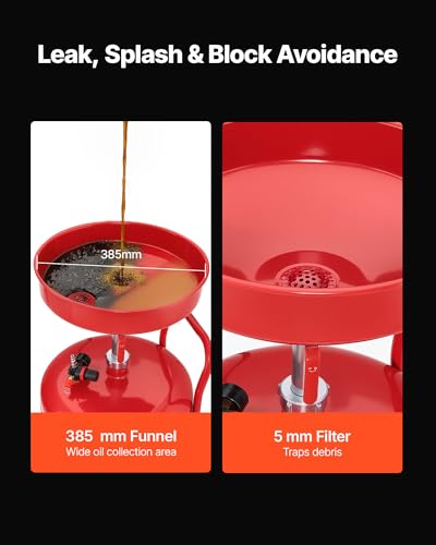 VEVOR 25 Gallon Waste Oil Drain Tank, Air Operated Portable Oil Drainer with Adjustable Funnel Height, Industrial Fluid Drain Tank with Wheels, Fluid Fuel Transfer Drainage for Auto Repair Shops, Red - size: 20.9 x 17.1 x 68.1 in