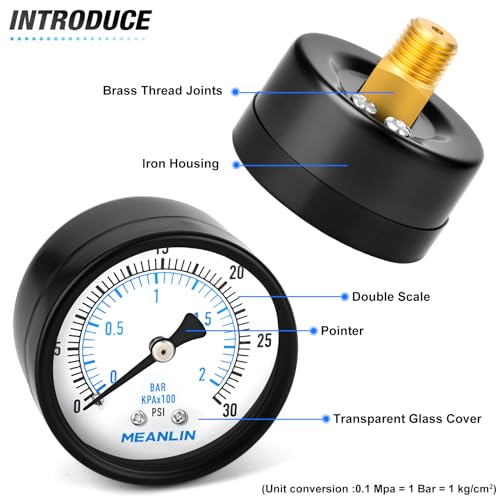 MEANLIN MEASURE 0-30Psi 2" DIAL FACE 1/4" NPT Well Pump Pressure Gauge, with 1/2" NPT and 3/8" NPT Hex Bushing, 3-2-3% Accuracy, Center Back Mount - color: 1/4"NPT Back Mount, size: 0-30Psi