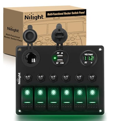 Nilight 6 Gang Rocker Switch Panel On Off Toggle Resettable Circuit Breaker - color: Green