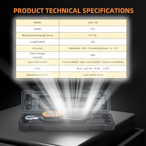 1/4-Inch Drive Digital Torque Wrench,22.12 Ft.l bs/0.9-30Nm, Adjustable Electronic Torque Wrench Set with ±2% Accuracy, Buzzer and LED Flash Notification - size: 1/4-30 Nm