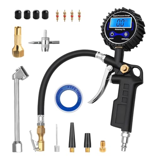 Digital Tire Pressure Gauge with Inflator, 250 PSI Tire Gauge with 360° Air Chuck Air Compressor Accessories, Heavy Duty Inflator Gauges with Quick Connect Coupler & Extended Hose