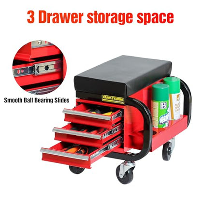 Tool Box Built-in Creeper Seat, Garage Shop Roller Seat, 3 Drawers Heavy Duty Tool Chest with 4 Rolling Casters-350 Lbs Capacity