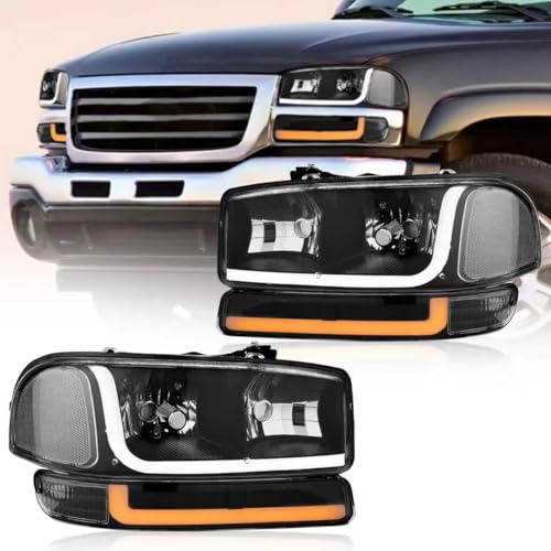 LED DRL Headlight, Headlights Assembly Kit Compatible with 1999-2007 GMC Sierra/1999-2006 Yukon Replacement Headlamp Black Housing Clear Reflector - color: Black Housing Clear Reflector