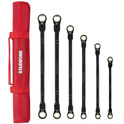 STARWORK TRUE MECHANIC™ 6-Piece 4-in-1 Extra Long Flex-Head Ratcheting Wrench Set with Rolling Pouch, Double Box End, 120-Tooth, SAE&Metric - size: 6-Piece 120-Tooth Extra Long Flex-Head