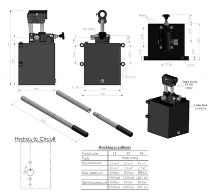 Spare Parts Holland - Single Acting Hydraulic Piston Hand Pump with Release Knob, Hand Operated Hydraulic Pump 3/8" NPTF Ports (2.7 CID 5 Qrt Tank (1.3 Gal) - size: 2.7 CID 5 Lt. tank (1.3 Gal)