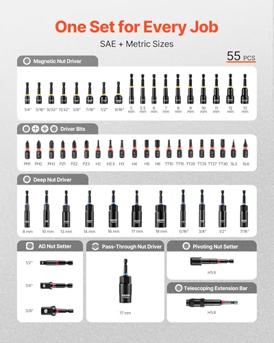 VEVOR Master Magnetic Impact Nut Driver Set 55PCS, Metric & SAE Sizes, with Socket Adapters, Bit Holder, Wing Nut Driver, Pivoting Nutsetter, Quick Release Extension, Power Bits, Storage Box - size: 55 pcs
