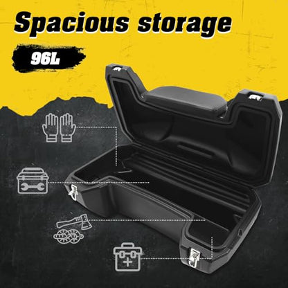 TCMT 96L ATV Storage Box Rack Basket Rear Cargo Trunk Luggage Tail Box with Backrest Universal - color: Black 96L-B