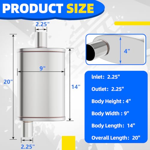 2.25 inch Universal Mufflers Single Chamber,2.25” Center In/2.25” Offset Out,20" Overall Length Straight-Through Mild Steel Performance Muffler,Suitable for Cars and Trucks(2.25''Inlet/Outlet) - color: Center In / Offset Out, size: 2.25''