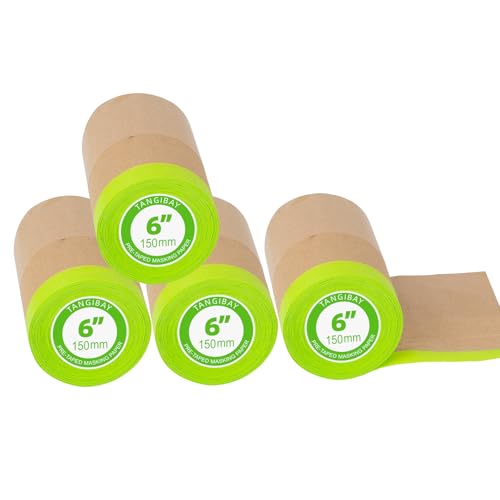 Tangibay Pre-Taped Masking Paper for Painting - 6 inch x 50 feet Tape and Drape Painters Paper, Paint Adhesive Protective Paper Roll for Covering Skirting, Frames, Cars and Auto Body (4 Rolls)