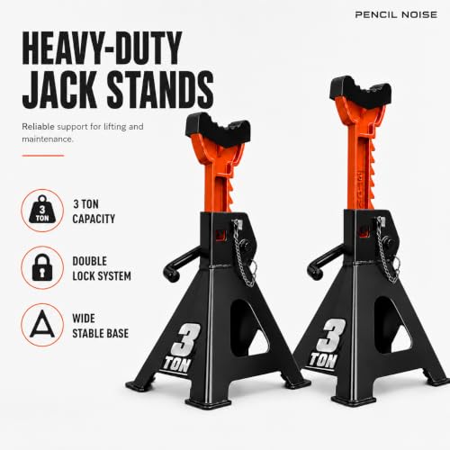 Jack Stands, 3 Ton Capacity with Rubber Cover and Large Foot Base, Double Locking Car Lifting Stand, Black Orange, 1 Pair - color: Black Orange(with rubber cover)