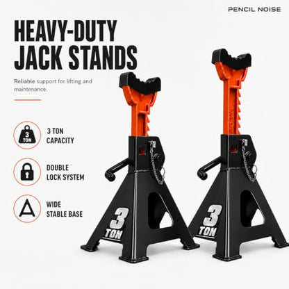Jack Stands, 3 Ton Capacity with Rubber Cover and Large Foot Base, Double Locking Car Lifting Stand, Black Orange, 1 Pair - color: Black Orange(with rubber cover)