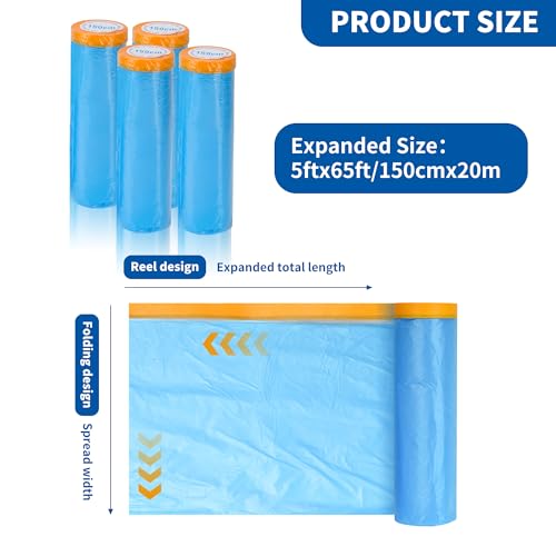 Pre-Taped Automotive Masking Film 4 Pack 59 in x 65 feet Rolls, Tape and Drape, Painters Plastic Drop Cloth for Automotive Painting Covering, House Decoration Furniture Floor Dustproof Cover - color: Blue, size: 59 in x 65 feet
