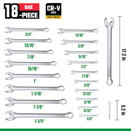 SK Combination Wrench Set, SAE 1/4" to 1-1/4", 18-Piece, Premium CR-V Steel - size: SAE 1/4" to 1-1/4"