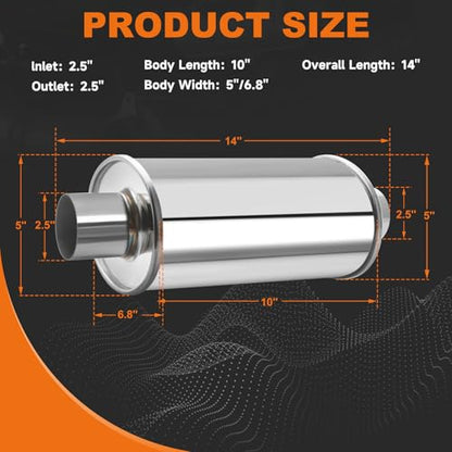 2.5'' Ultra Quiet Resonator, 304 Stainless Steel Muffler, 2.5'' Inlet & Outlet 14" Overall Length Universal Sliver Oval Performance Muffler Resonator - size: 2.5''