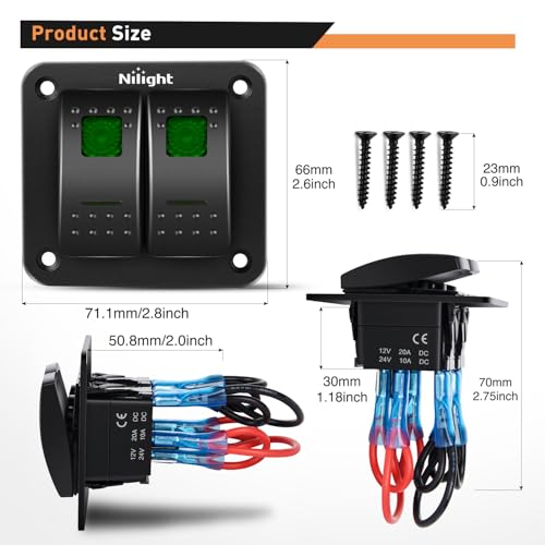 Nilight 2 Gang 3 Pin Rocker Switch Panel On Off SPST Toggle Green - color: Green, size: 2 Gang