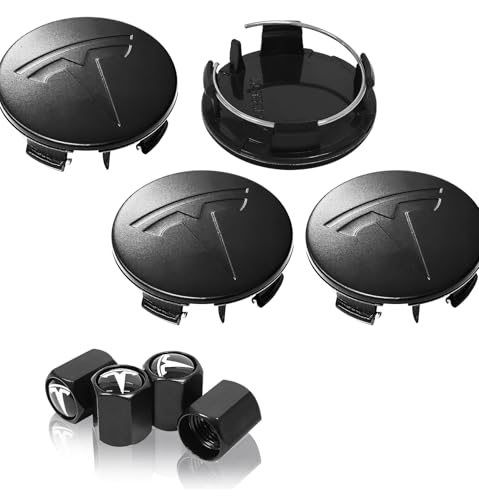 4 Pack Wheel Center Cover for Tesla Model 3 & Model Y,56mm Hubcaps Wheel Rim Cover Tesla Center Caps Hubcaps+4 Car Valve Stem Caps (Matte Black) - color: Matte Black