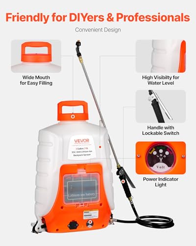 VEVOR Battery Powered Backpack Sprayer, 0-90 PSI Adjustable Pressure, 4 Gallon Tank, Back Pack Sprayer with 8 Nozzles and 2 Wands, 12V 8Ah Battery, Wide Mouth Lid for Weeding, Spraying, Cleaning - size: 4 Gal
