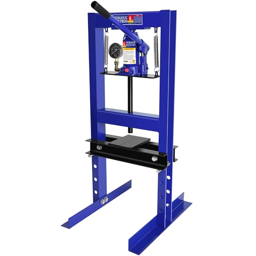 Hydraulic Press with Stamping Plates 6 Ton Hydraulic Shop Press H-Frame with Pressure Gauge Steel H-Frame Garage and Shop Floor Press Convenient Pin System Adjusting Height Blue