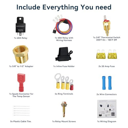 Electric Fan Relay Kit 60 AMP Waterproof Relay Kit with Temperature Sensor Switch 200 On 185 Off - style: Single Fan 200 On 185 Off