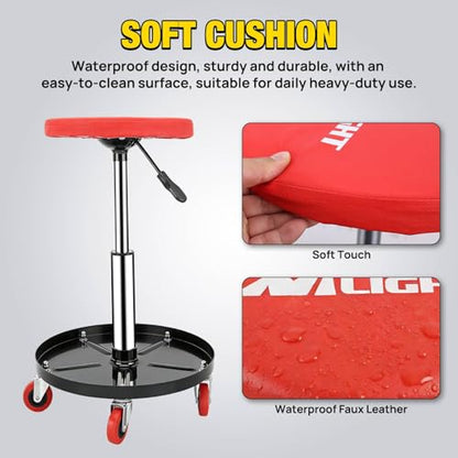 Nilight Rolling Mechanic Stool 330LBS Pneumatic Adjustable Swivel PU Seat - color: Black Red 330lbs