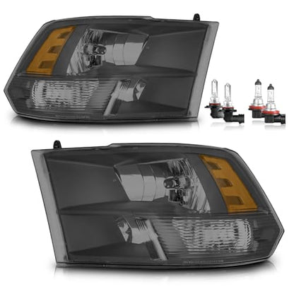 Halogen Headlights W/Bulbs for 2009-2018 Dodge Ram 1500 - color: Smoke | With High & Low Beam Bulbs