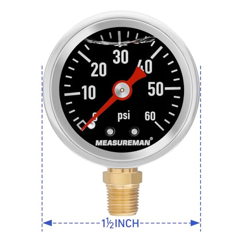 MEASUREMAN 1-1/2" Dial Size Black Dial, Glycerin Filled Fuel Pressure Gauge, 304 Stainless Steel case, 0-60Psi, -3-2-3%, 1/8" NPT Lower Mount - size: 0-60 psi, style: Lower Mount (Black Dial)