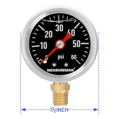 MEASUREMAN 1-1/2" Dial Size Black Dial, Glycerin Filled Fuel Pressure Gauge, 304 Stainless Steel case, 0-60Psi, -3-2-3%, 1/8" NPT Lower Mount - size: 0-60 psi, style: Lower Mount (Black Dial)