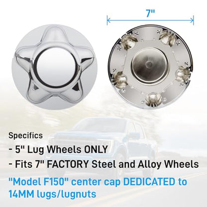 B4B BANG 4 BUCK 4 Packs 7" Center Cap with 5-Lug Steel Wheel Chrome for Ford 1997-2003 F150 F-150 97-02 Expedition - size: 4Pcs
