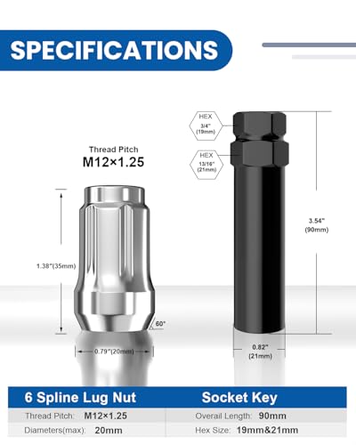 GAsupply 12x1.25 Lug Nuts Spline, Chrome 1.38" Tall Cone Seat, 20Pack+1 Key - color: Silver, size: M12x1.25, style: 20 Pack-1.38" Tall