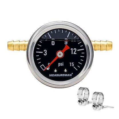 MEASUREMAN Fuel Pressure Gauge Kit 0-15Psi Stainless Steel Glycerin Filled, 1-1/2" Black Dial Size, with 5/16" Fuel Line Fuel Pressure Brass T-Fitting Adapter, Center Back Mount - size: 0-15 psi, style: Back Mount T-Fitting Adapter (Black Dial)
