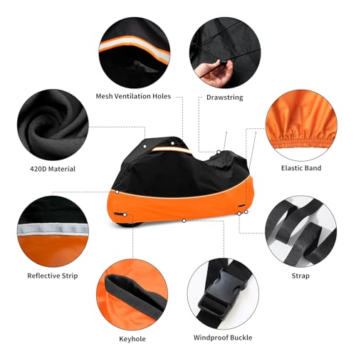Motorcycle Cover Heavy Duty 420D Oxford Waterproof,Touring Motorcycle Cover Compatible with Harley Davidson Road King,Street Glide, Road Glide, Ultra Limited, CVO,Fits Motorcycles Up to 110" - size: 110"-Side+Top Box